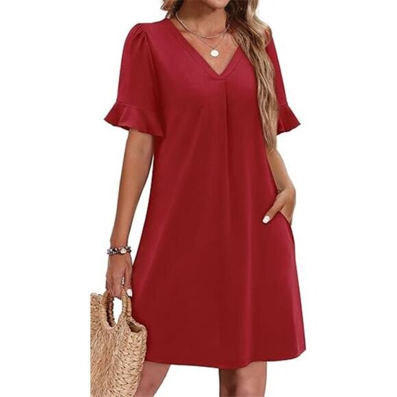 Women's Ruffle Sleeve Dress - V-Neck Summer Shift Dress with Pockets - Picture 6 of 6